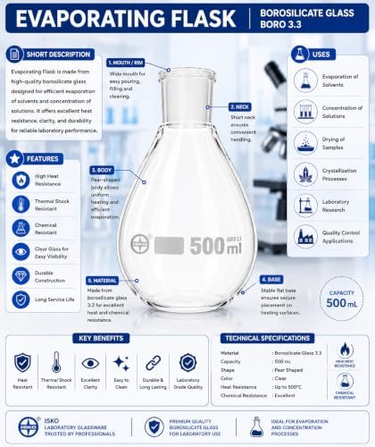 Image of ISKO Borosilicate glass 24 /29 Joint Recovery Flask Heavy Wall Single Neck Round Bottom Evaporating Flask (500ml)