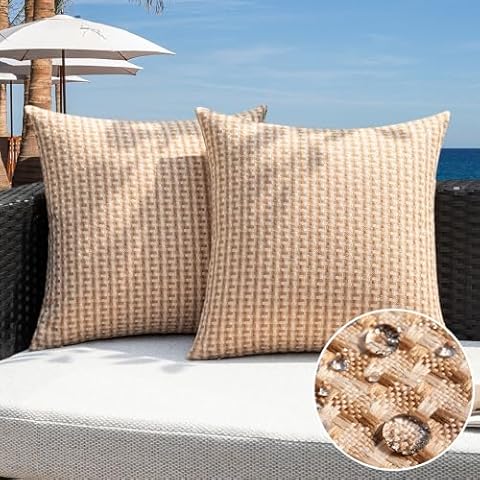 Kevin Textile Outdoor Waterproof Throw Pillow Covers Pack of 2 Farmhouse Decorative Cushion Covers for Garden Patio Tent Balcony Bench Couch Sofa 20x20 Inch, Light Brown Cover