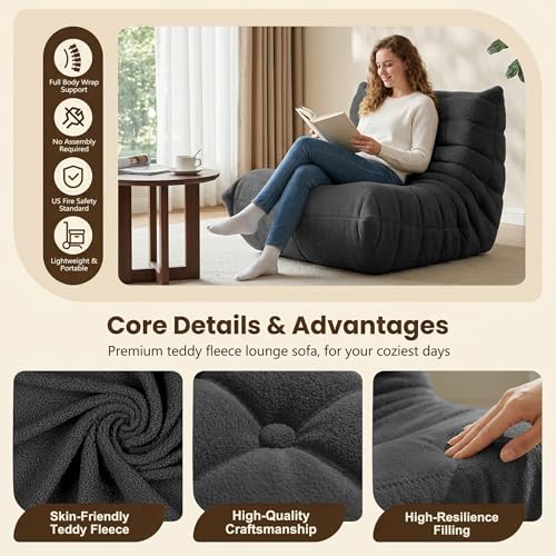 Image of Gazecaia Comfy Bean Bag Chair for Adults Teens | Fireside Floor Lounge Chair,Soft Teddy High-Resilience Memory Foam Bean Bag Couch with Non-Slip Base,for Living Room Bedroom Apartment Office,Dark Gray