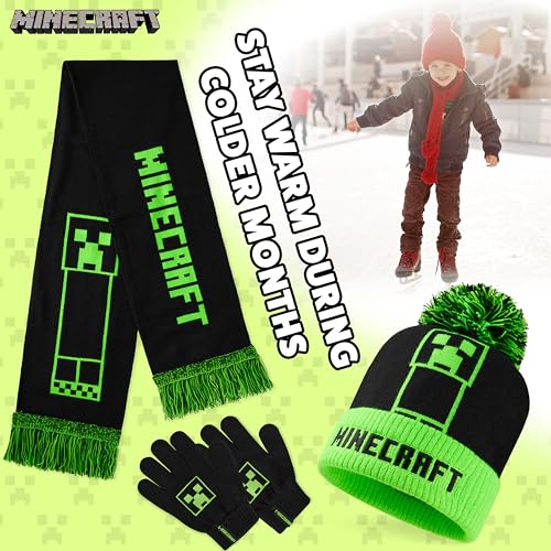 Image of Minecraft Winter Set for Boys, Teens, 3 Piece Hat Scarf Gloves or 2 Piece Gloves & Hat, Winter Accessories, Gifts for Boys