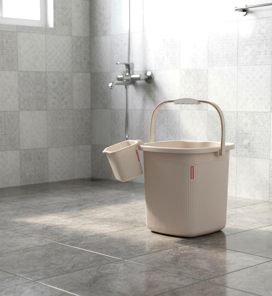 Image of Modware Square Ribbon Plastic Bucket Set with Mug | 25L Brown Bathroom Bucket with Handle + 1.5L Mug | Heavy-Duty Polypropylene + Co-Polymer | Stylish & Durable Bath Set (Cream 25 L)