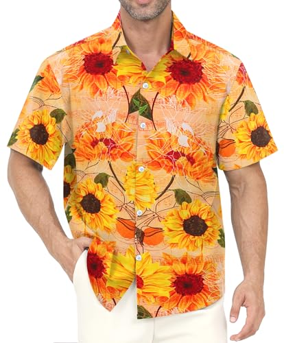 Gavliuu Chemise Hawaiienne Homme Manches Courtes Imprimé Tropical Léger Plage Décontracté，sans Poches, Tournesol Jaune, XL
