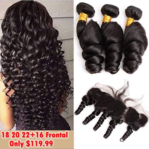3 Bundles Mink Hair Loose Wave with 13x4 Frontal (18" 20" 22" + 16" frontal) 8A Grade Peruvian Loose Wave 3 Bundles Virgin Human Hair Extensions with Free Part Lace Frontal Closure Natural Color