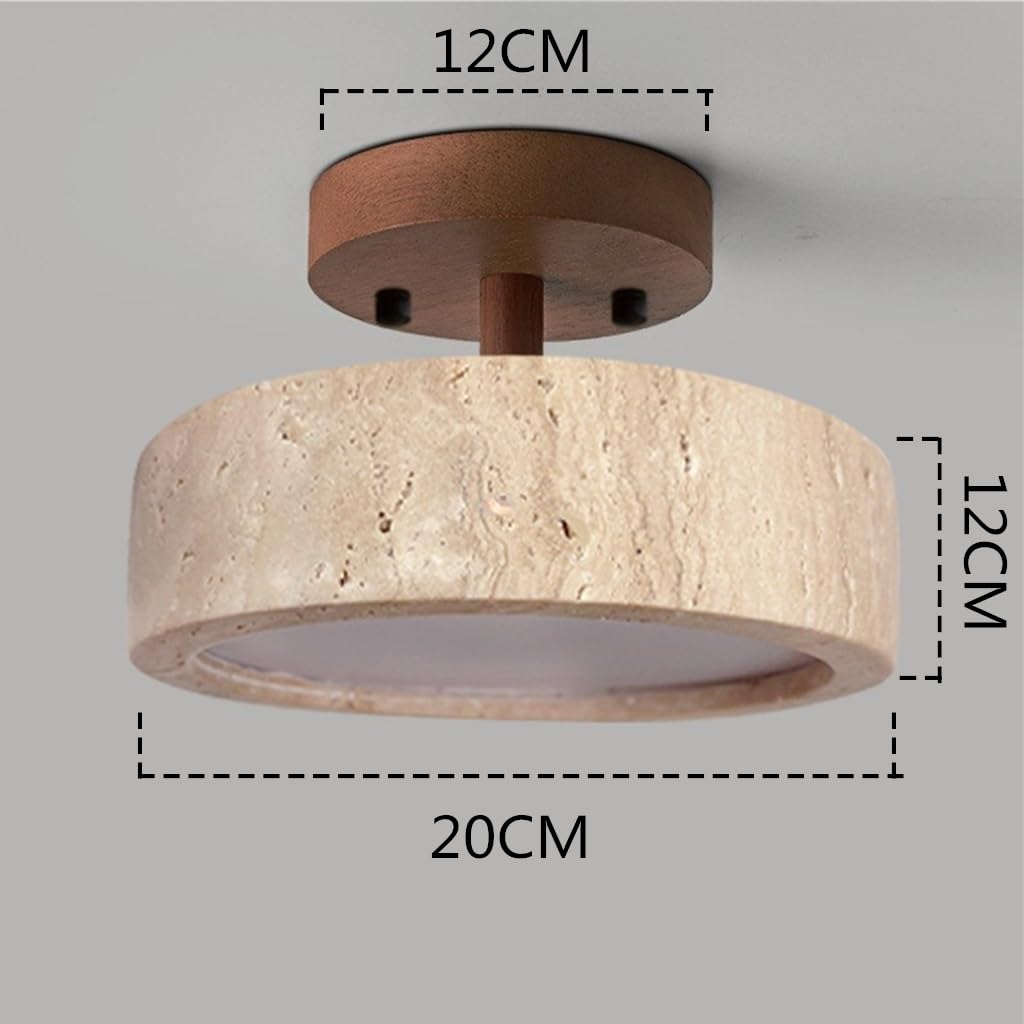 Deckenleuchte Aus Gelbem Travertin,Moderne Wabi-Sabi-Deckenlampe Mit 20 Cm Durchmesser Deckenleuchte Mit Lampenschirm Aus Naturstein Und Holzsockel Für Schlafzimmer Und Flur(Walnut)