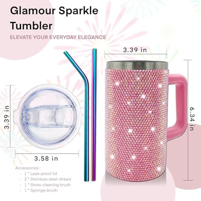 20oz Bling Tumbler With Handle Stainless Steel Rhinestone Insulated Cup with Lid and Straw Double Wall Vacuum Coffee Cup Reusable Glitter Travel Coffee Mug for Cold and Hot (Pale Pink)