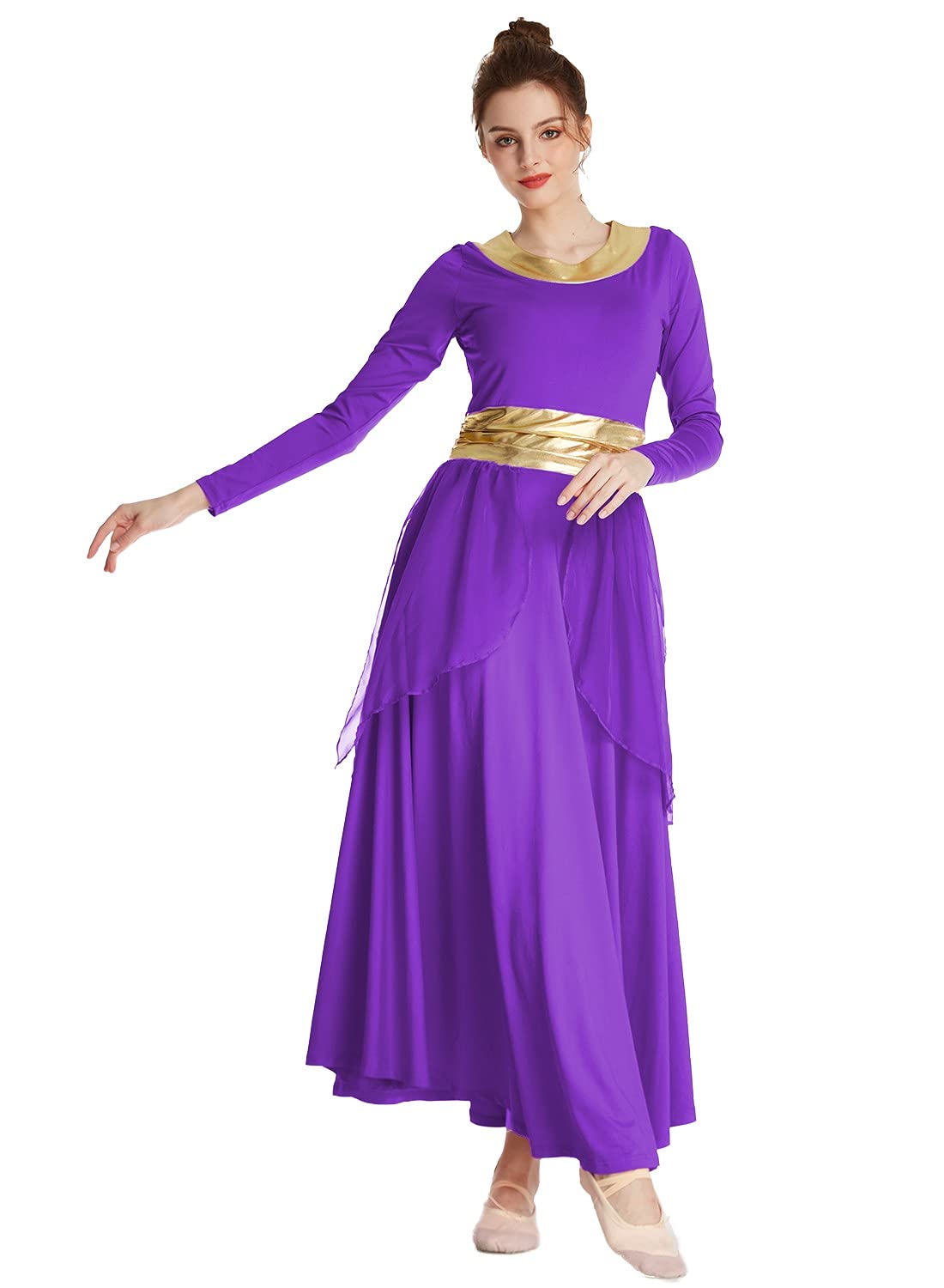 REXREII Women Praise Dance Robe Metallic Waistband Long Sleeve Liturgical Worship Dress Chiffon Skirt Lyrical Costume Purple XL