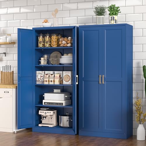 Image of Polup Kitchen Pantry Cabinet, 71 Inch Tall Metal Pantry Cabinet with Doors and Adjustable Shelves, Freestanding Food Cupboard, Storage Cabinets for Dining, Living Room, Navy Blue, Assemble Required