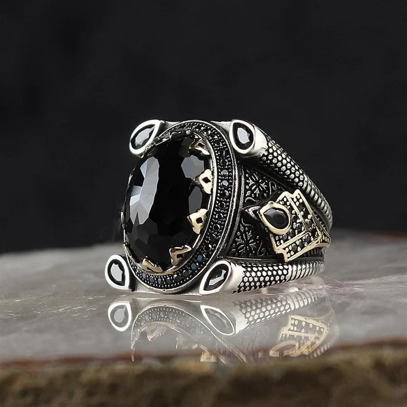 Onyx Ring for Men S925 Sterling Silver Black Onyx Gemstone Turkish Silver Ring, Handmade Engraved Black Zircon Stone Silver Ring for Men Vintage Pattern Men's Luxury Fine Jewelry Gift for him Farther4