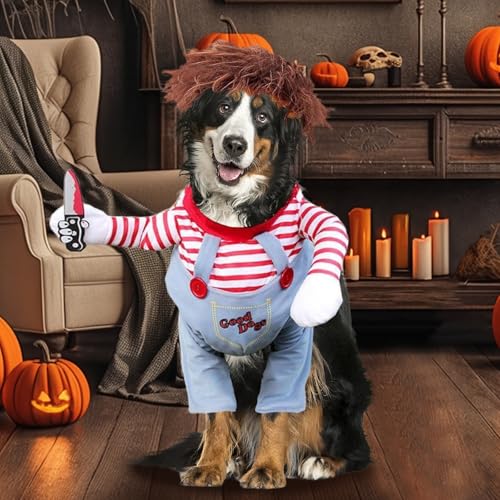 Halloween Kostüme für Hunde, Deadly Doll Verkleidungen für Haustier, Hund Schreckliches Kostüm, Lustige Hund Party Kleidung, Hundekostüm mit Messer Perücke, für Halloween Haustier Cosplay Party