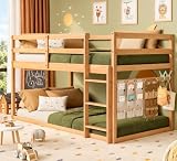 TOLEAD Low Bunk Bed Twin Over Twin, Floor Bunk Bed with Ladder, Twin Bunk Bed with Full Guardrails, Wooden Bunk Bed for Juniors, Boys, Girls, Kids, Bedrooms (Natural)