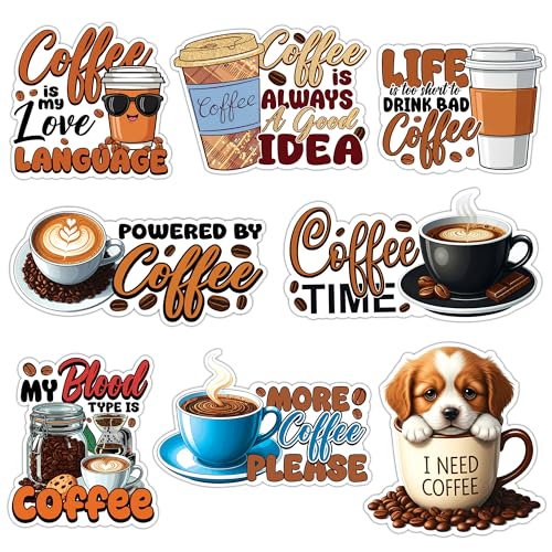 Image of Coffee Sticker 8 Pcs (Large Size) Vinyl Stickers Laptop Waterproof Decal for Car Bumper Water Bottle Notebook Luggage Window Party Birthday Decorations - Size 4 Inches
