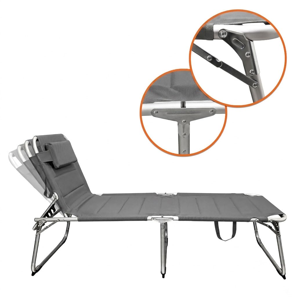 Spetebo Aluminium Gartenliege XXL Grau - 200 x 70 cm - mit Kopfkissen | Sonnenliege gepolstert,Liegefläche 199x70 cm, Belastbar bis 150 Kg