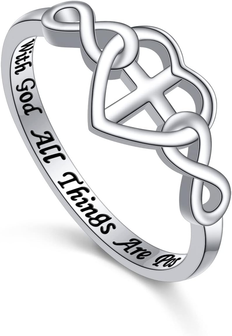 Easter Gift S925 Sterling Silver Christian Cross Heart Inspirational Faith Bible Verse Necklace & Rinags for Women Teen Jewelry