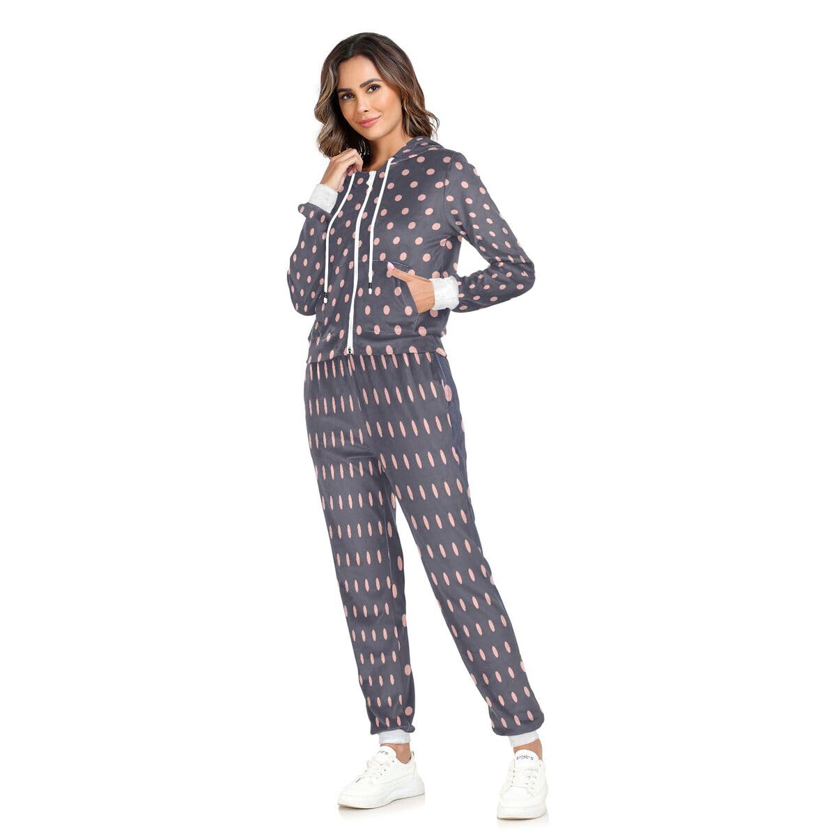 Conjunto deportivo de 2 piezas para mujer, diseño de lunares, color azul, manga larga, conjunto deportivo de lunares