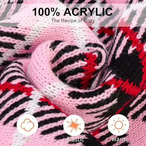 Image of BEAUTYZOO Small Dog Sweater, Plaid Knit Winter Clothes with Harness Hole | Turtleneck Pullover Fall Knitwear for Girl Boy Puppy, Fuzzy Fleece Cold Weather Coat Female Male, Warm Sweatshirt, Pink SM