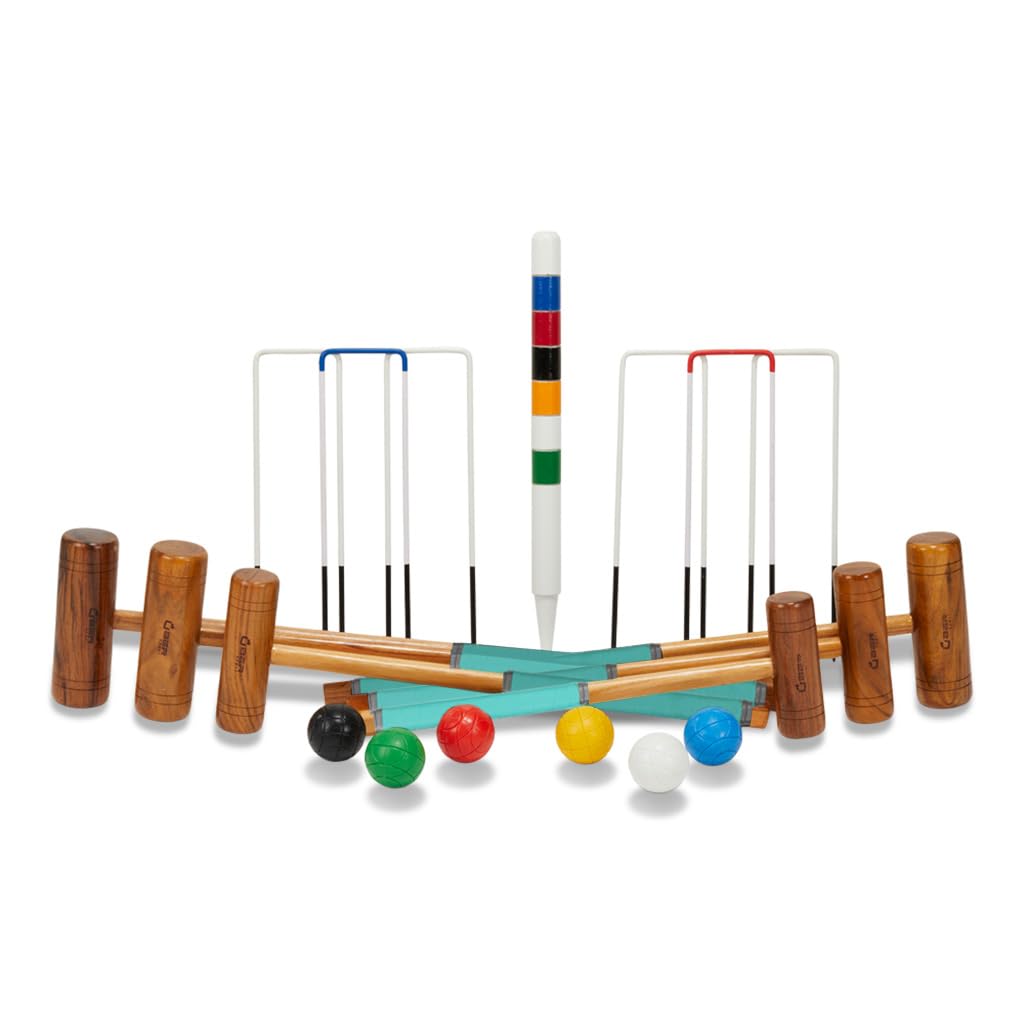 Uber Games Top Qualität Krocket Spiel aus England - 6 Personen Hartholz Croquet Set mit Trolley - Familien-Krocket-Set mit 6 Holzschlägern in Verschiedenen Größen und 6 Holzkugeln
