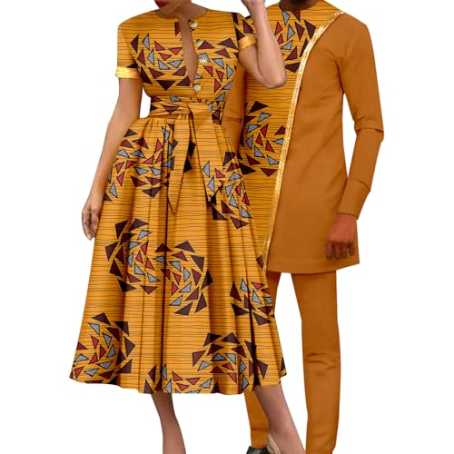 African Sexy Print Dresses for Women Matching Couple Clothes Dashiki Men Outfits Gold Shirt and Pant Sets