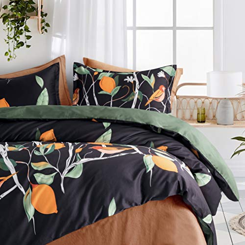 Eikei Modern Vintage Retro Mod Print Bedding Egyptian Cotton Duvet Cover Set Minimalist Chic Botanical Design Asian Zen Style Reversible Pattern In Full Queen Or King Size (King, Dark Mist) #TOP6