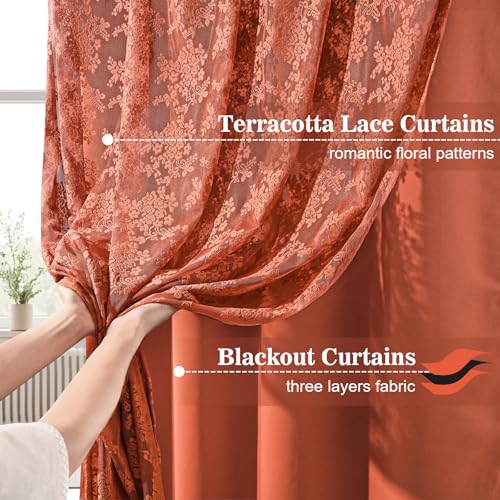 Image of Yinhua Terracotta Kitchen Curtains 36 Inch Length Double Layer Curtain Farmhouse Blackout Curtains for Kitchen Rod Pocket Short Curtain for Windows, Bathroom, Living Room, 2 Panels