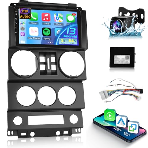 [2+64G] Upgrade Stereo for Jeep Wrangler (4 Doors) 2007 2008 2009 2010-9 inch HD Touchscreen DSP Audio - Wireless Carplay and Android Auto, WiFi, GPS, Mirror Link, SWC + AHD Rearview Camera + Canbus