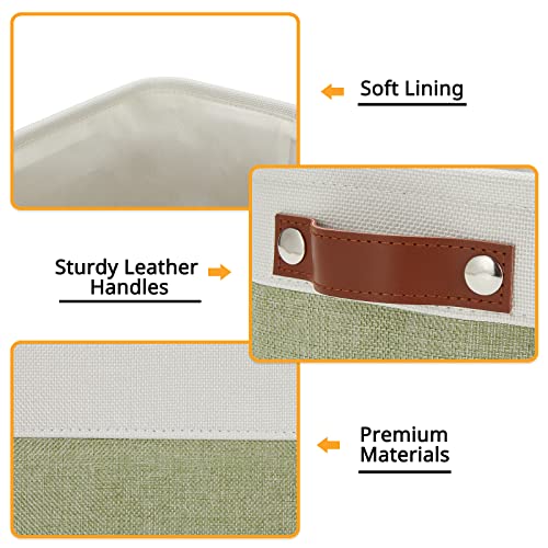 Image of DULLEMELO Small Storage Basket, Fabric Collapsible Gift Storage Basket for Shelves, Closets, Nursery, Home, Office Organizing, Small Canvas Linen Rectangular Storage Bin with Handles (White&Green)