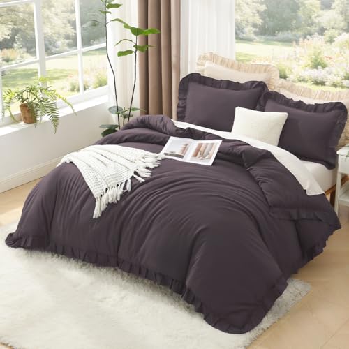 Image of Litanika Ruffle Full Comforter Sets, 3 Pieces Purple Farmhouse Aesthetic Bedding Comforter Sets for Girls Women Kids, All Season Soft Lightweight Fluffy Bedding Set(79x90In Comforter, 2 Pillowcases)