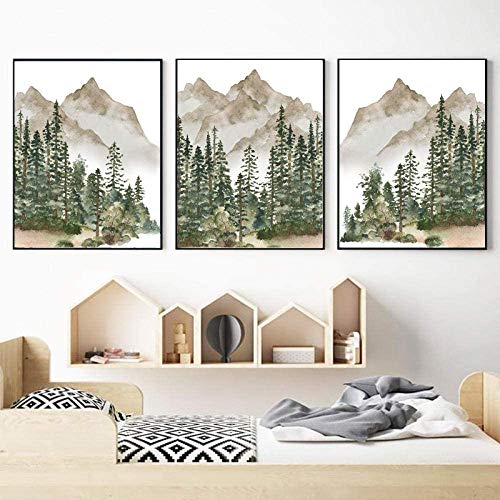 Image of NIUNIU ART Nursery Wall Decor Mountain Tree Nature Woodland Canvas Print Baby Boy Wall Art Pictures Watercolor Art Painting Nordic Poster-40X50Cmx3 Pcs Unframed