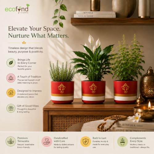 Image of ecofynd 4.5 Inch Ganesha Symbol Terracotta Pot for Indoor & Outdoor Plants, Decorative Flower Pot for Tulsi, Succulents, Herbs, Balcony, Home Temple, Living Room & Office Decor (TPOT012-BRNWHT)