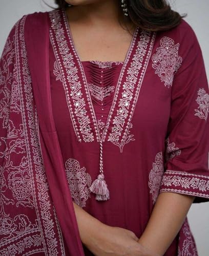 Image of PARTHVI|Women's Pure Cotton Printed with Handwork Kurta with Pants and Dupatta Set | Ethnic Set | Suit Set | Kurta Set | Wedding Suit Set