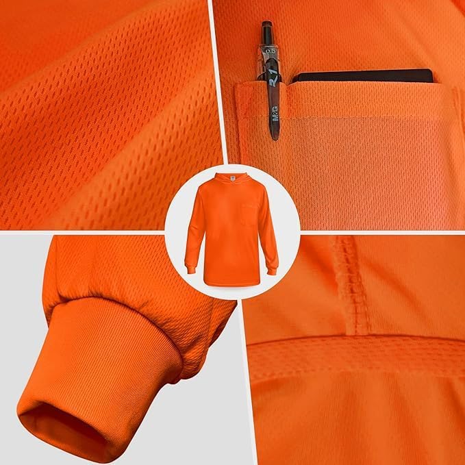 L&M® Hi Vis T Shirt Safety Lime Orange Long Sleeve HIGH Visibility with Hood - Image 4