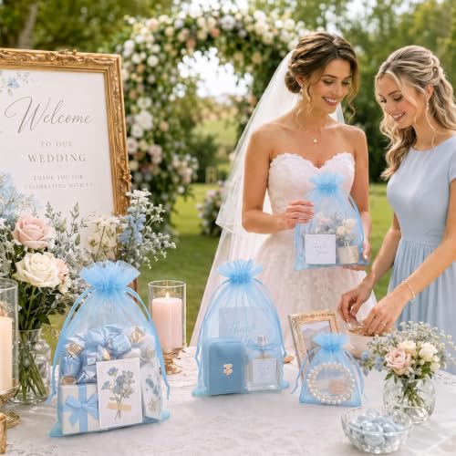 Image of FUNFERY 100PCS Baby Blue Organza Gift Bags 5x7in,Drawstring Jewelry Pouch