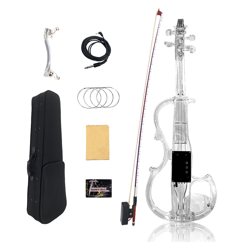 Violino elettrico a 4 corde, in acrilico trasparente, con luci LED a tre colori, archetto, mentoniera, spalliera, cavo e custodia, per principianti (metà #8)