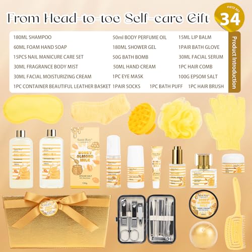 Image of 34Pcs Spa Gift Set for Women Men, Honey Almond Milk Bath & Body Gift Basket | Face Skin Care Kit, Home Spa Self Care Kit, Self-Care Gift, Pamper Kit Birthday, Christmas, Mother Day, Anniversary, Husband
