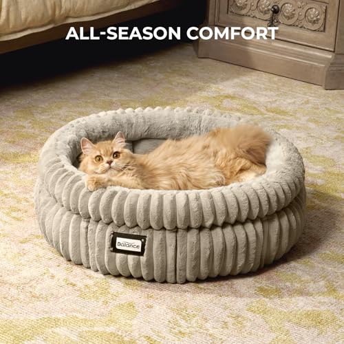 Image of BALANCE Cat Bed Kitten Bed, Washable Round Cat Beds for Indoor Cats,Super Soft Plush Faux Fur Pet Bed for Puppy and Kitten with Anti-Slip Bottom
