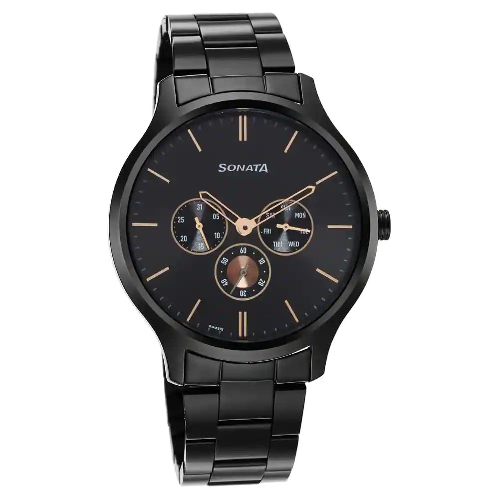 Sonata Quartz Multifunction Black Dial Stainless Steel Strap Watch for Men-NR7140NM01 (B0BS3JX8ZK) Amazon Price History, Amazon Price Tracker