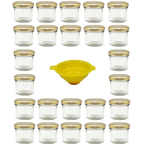 Viva Haushaltswaren G1130125/24T/X - Lote de 24 tarros de Mermelada pequeños (125 ml, Tapa Dorada, Embudo con sujeción Amarillo)