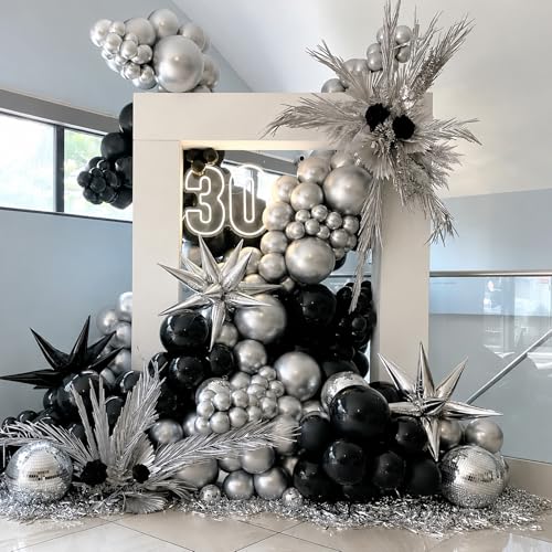 Image of Black and Silver Balloons, 60 Packs 12 Inch Chrome Metallic Silver Balloons and Confetti Balloons, Black White Silver Balloon for Wedding Engagement Birthday Halloween Decorations