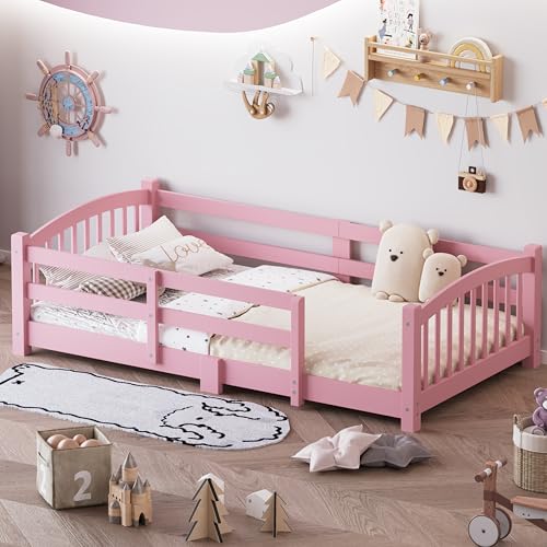 Image of Bellemave Twin Size Kids Montessori Floor Bed,Twin Size Floor Bed Frame with Slats and Safety Guardrail,Solid Wood Montessori Bed for Girls Boys,Pink