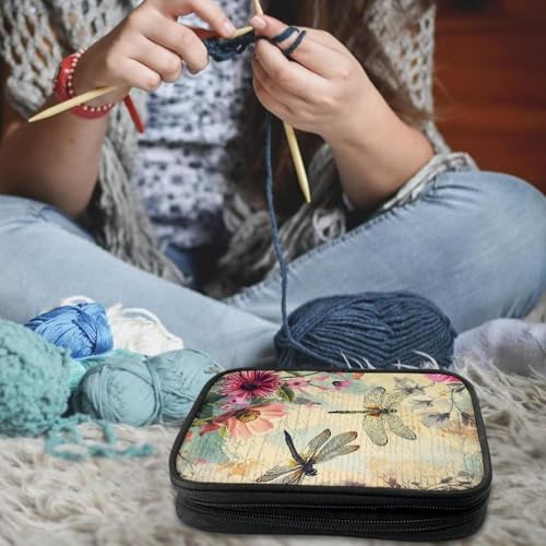 Image of Crochet Hook Case Dragonfly Crochet Hook Holder Portable Crochet Hook Storage Bag with Web Pockets Suitable for Crochet Needles /Knitting Accessories