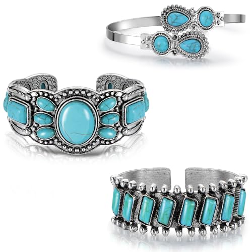 Highergo 3 Pcs Turquoise Bracelet for Women Bohemian Bracelet Western Bracelets Silver Cuff Bangle Fashion Jewelry