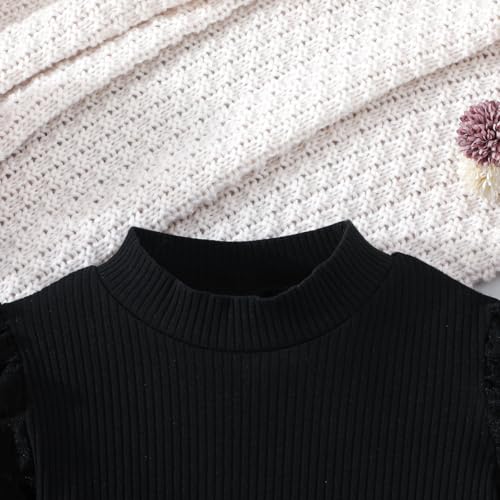 Image of Noubeau Toddler Girls Plaid Outfits Girls Puff Sleeve Knit Ribbed Shirt Tops Plaid Skirt Set Kids Fall Winter Clothes