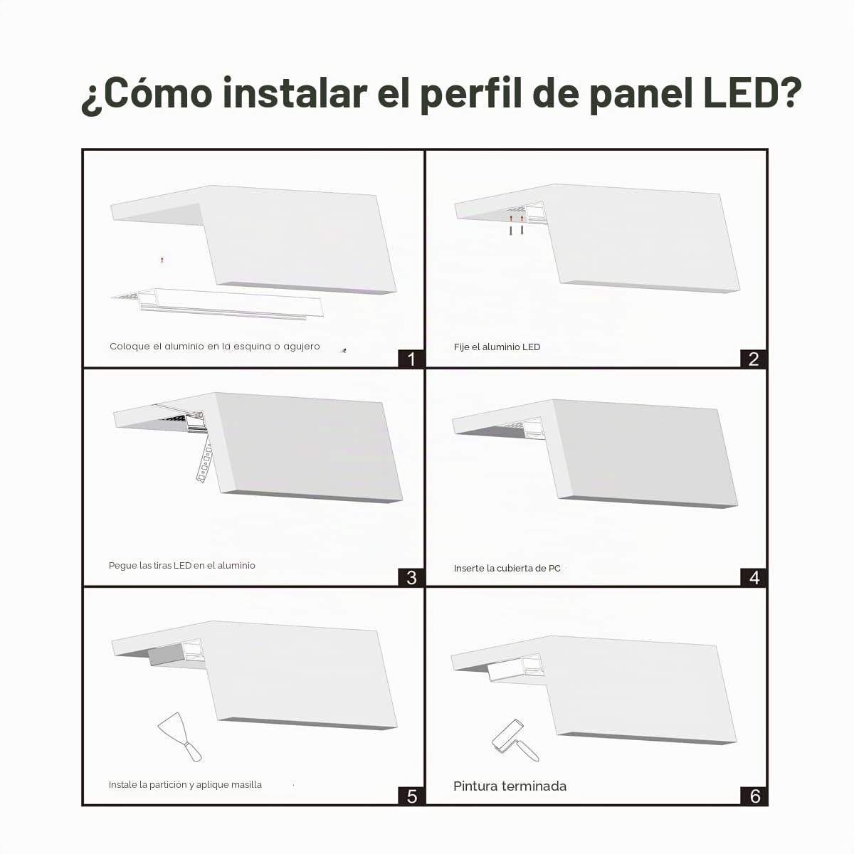 Besseto Perfil de azulejos LED, 6 unidades, 3,3 pies, borde de yeso, tiras LED de aluminio, perfil empotrado con difusor lechoso y tapas finales