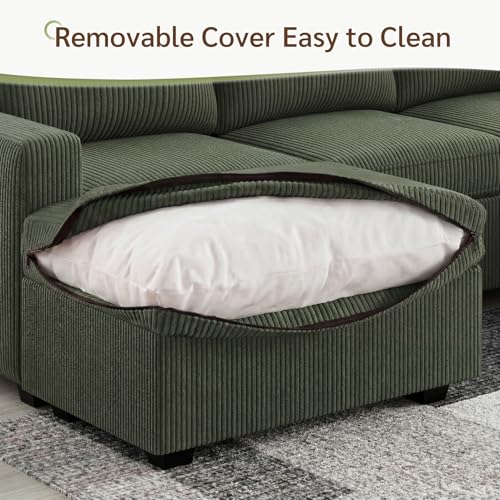 Image of HONBAY Sectional Sleeper Sofa with Pull Out Bed, Convertible 5 Seaters L Shaped Corduroy Sectional Couch for Living Room, Green