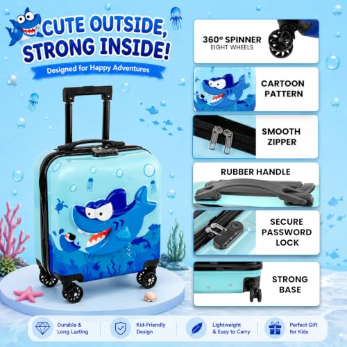 Image of Kids Carry On Luggage with Wheels, 18-inch Hard Shell Suitcase for Boys & Girls, Lightweight Toddler Rolling Travel Bag with Retractable Handle, Durable Hardside Spinner Suitcase,blue shark