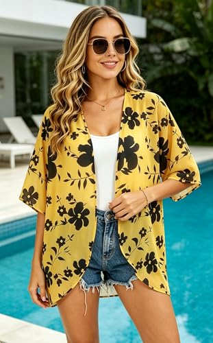 Image of FINOCEANS Womens Floral Chiffon Kimono Cardigans Loose Beach Cover Up Half Sleeve Tops