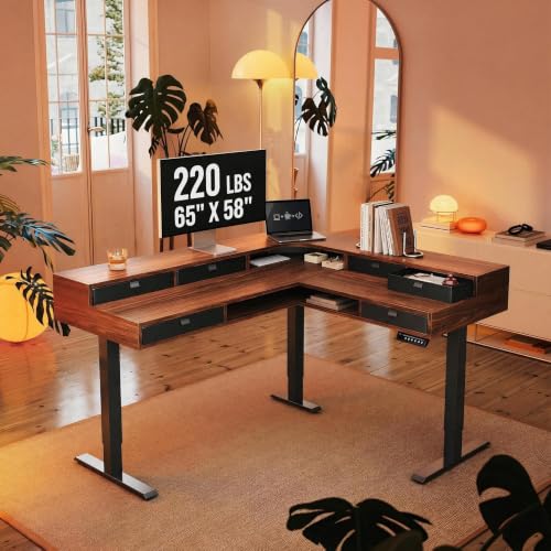 Image of HUANUO 65 inch L Shaped Standing Desk with 6 Drawers and 2-Tier Storage, Walnut | 220lbs Carbon Steel,4 Memory Presets, 27.6 inch-46.5 inch Adjustable Height,corner workstation,cable tray, grommets