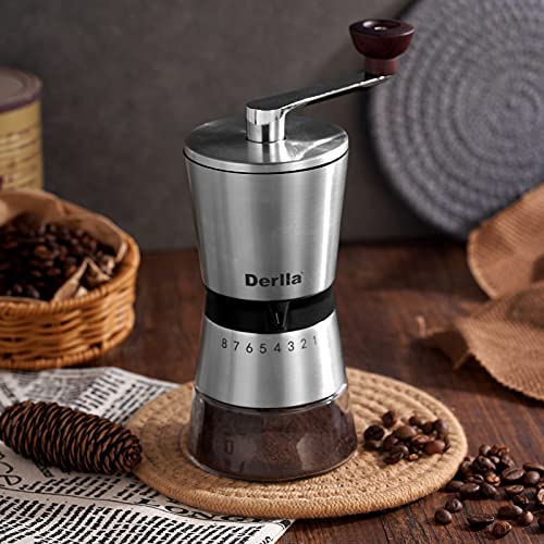 Foto von Derlla Kaffeemühle, Edelstahl-Kaffeemühle, Manuelle Kaffeemühle, Espressomühle, Verstellbarer Mahlgrad - Handmühle aus Edelstahl und Glas （Silber）