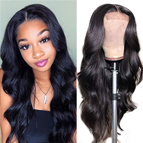Body wave Lace Front Wigs Human Hair 4X4 Body Wave 150% Density Pre Plucked with Baby Hair Natural Black 100% Unprocessed Brazilian Virgin Human Hair Wigs 24 inch