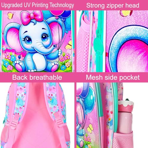 3PCS Backpack for Girls, 16'' Kids Elephant Bookbag with Lunch Box, Cute Animal Water Resistant School Bag Set for Elementary Kindergarten Preschool4