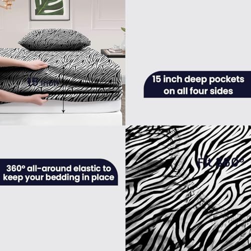 Image of SGI bedding Full XL Bed Sheets Set - Premium 600 TC Egyptian Cotton, Crisp Cooling Sateen Weave, Extra Soft Hotel Collection, Fits Mattresses Up to 16 Inch Deep Breathable Long Lasting - Zebra Print